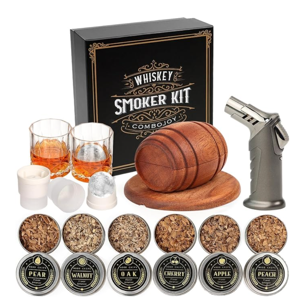 Whiskey Smoker Kit & Torch, 6 Wood Chips, 2 Glasses, 2 Ice Ball Molds (NO Butane)