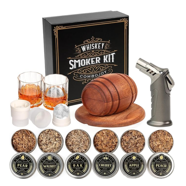 Whiskey Smoker Kit & Torch, 6 Wood Chips, 2 Glasses, 2 Ice Ball Molds (NO Butane)