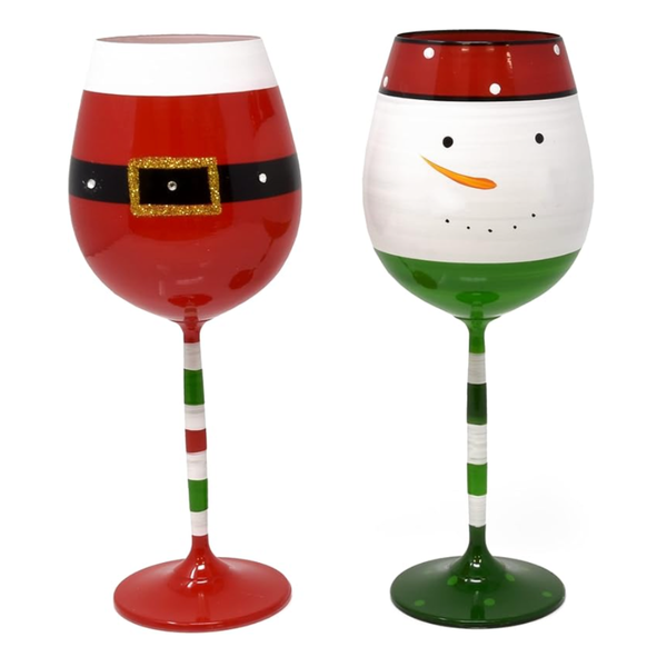 Christmas Wine Glasses 16.8 Oz Set of 2 Festive Santa Belt and Snowman Drinking Goblets Cups
