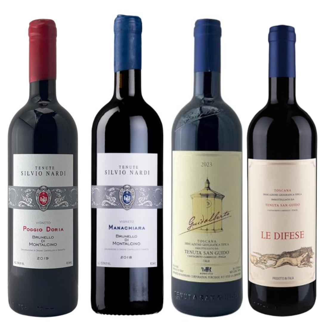 Brunello Di Montalcino Poggio Doria, Manachiara, San Guido Guidalberto, & Le Defise Toscanna Value Bundle 750mL