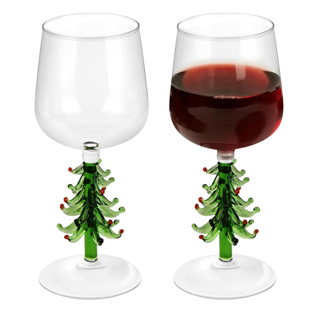 Green Christmas Tree Wine Glasses Stem Design Glassware Set of 2