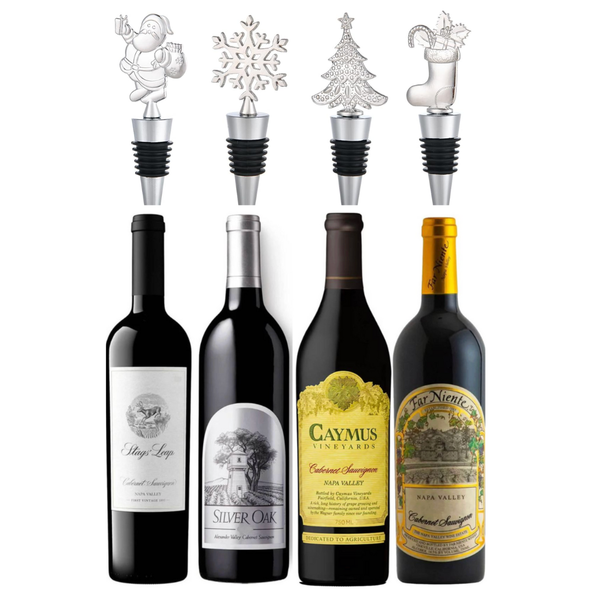 Caymus, Far Niente, Stags’ Leap, & Silver Oak Value Bundle + 4PCS Christmas Wine Bottle Stoppers Bundle