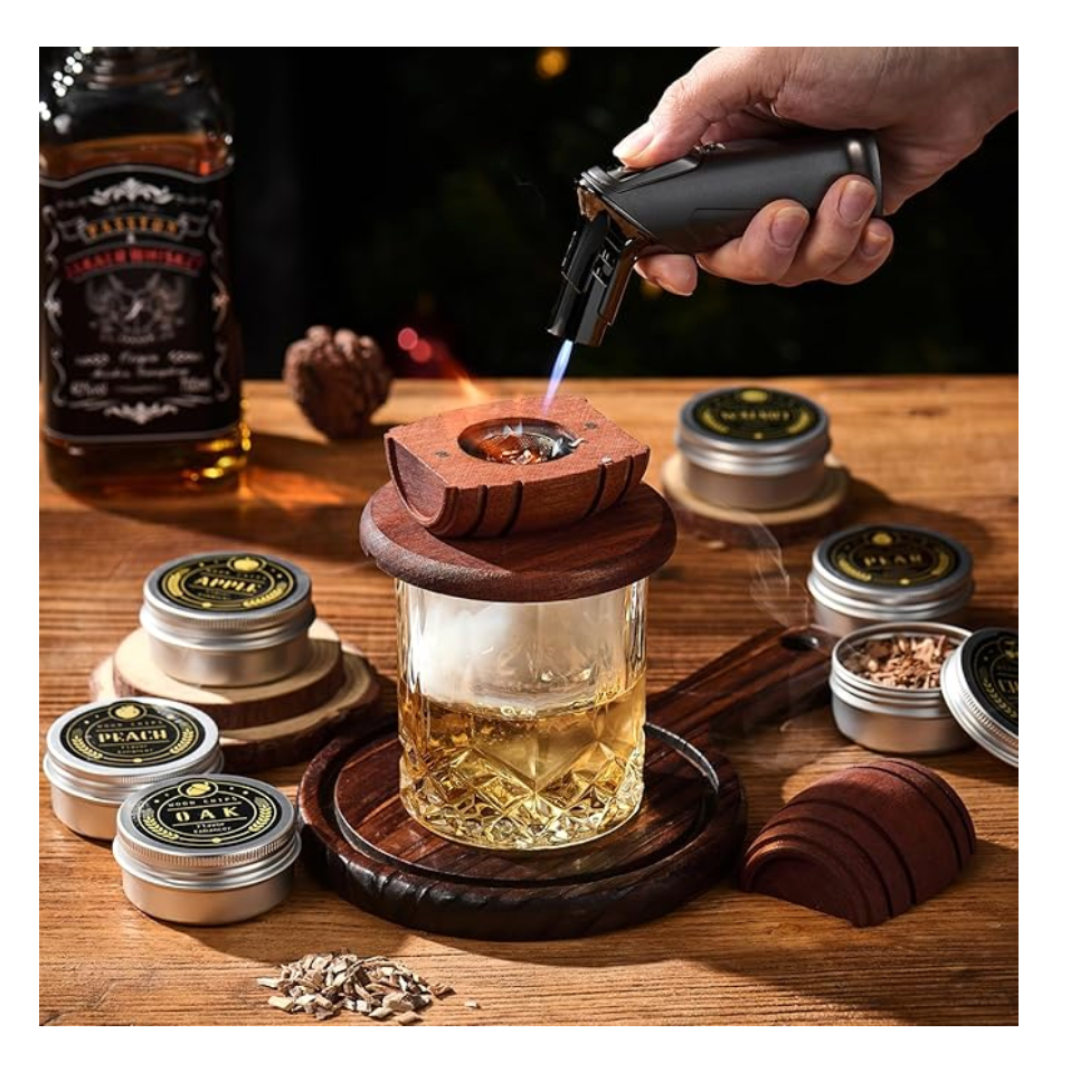 Whiskey Smoker Kit & Torch, 6 Wood Chips, 2 Glasses, 2 Ice Ball Molds (NO Butane)