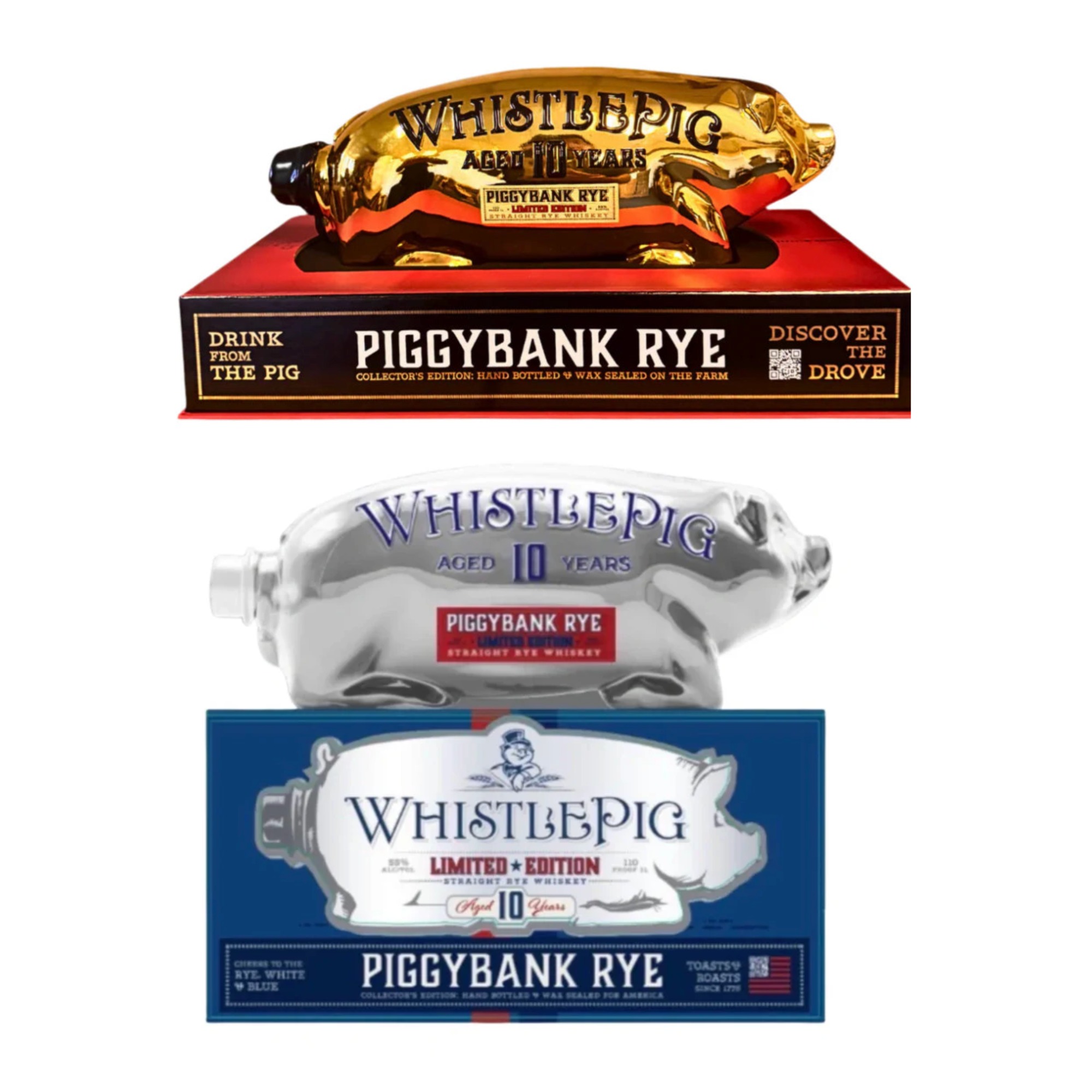 WhistlePig 10 Year Piggybank Rye, White, and Blue Limited Edition 1L & WhistlePig 10 Year Piggybank Straight Rye Whiskey 2025 Release Value Bundle