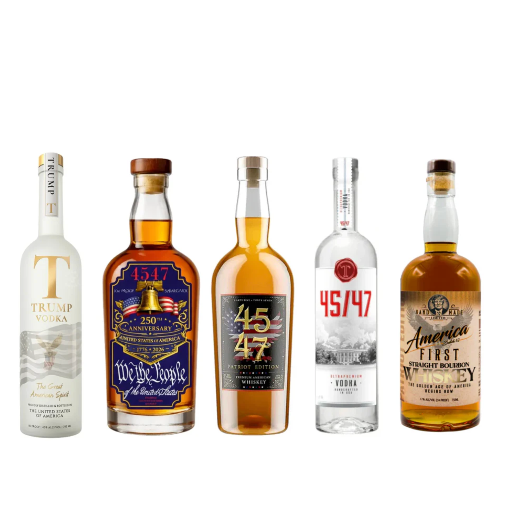 Trump Vodka, 45 & 47 Patriot Edition, America First, T 45/47 Vodka, & 250th Anniversary Tennessee Bourbon Whiskey 2026 Value Bundle