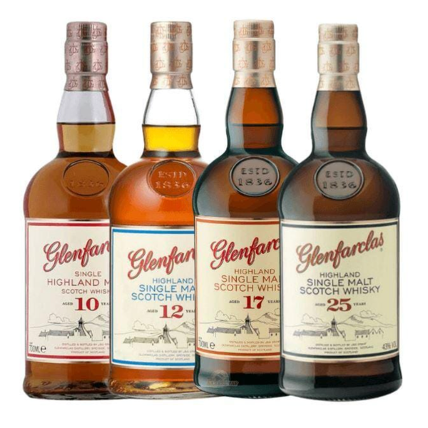 Glenfarclas 10, 12, 17, & 25 Year Single Malt Scotch Whisky Value Bundle 750mL