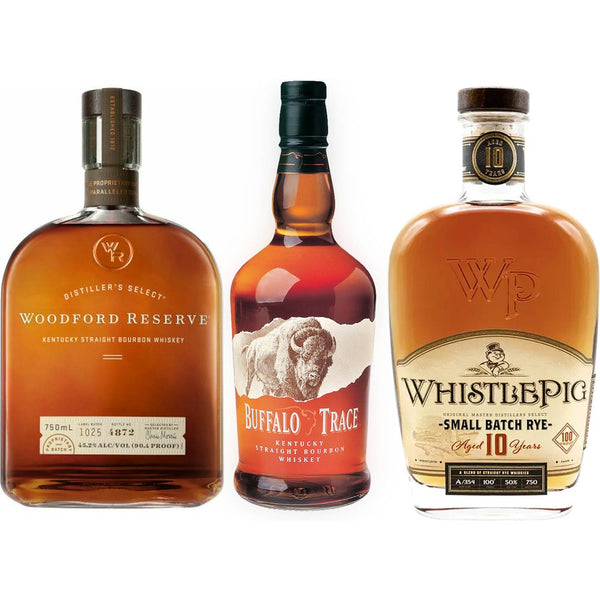 Woodford Reserve Bourbon, Buffalo Trace, WhistlePig 10 Year Rye Value Bundle