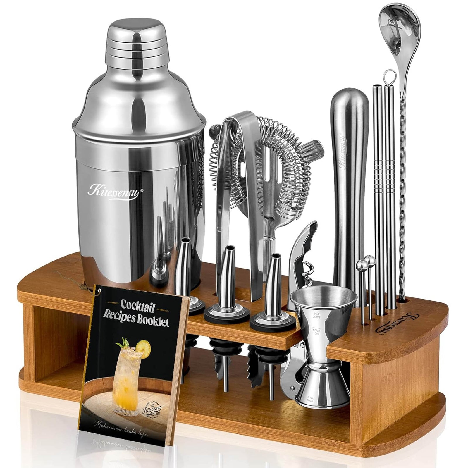 Cocktail Shaker Bartender Kit with Black Stylish Bamboo Stand